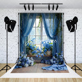 Aperturee - Aperturee Elegant Blue Floral Leaf Window Scene Photo Backdrop